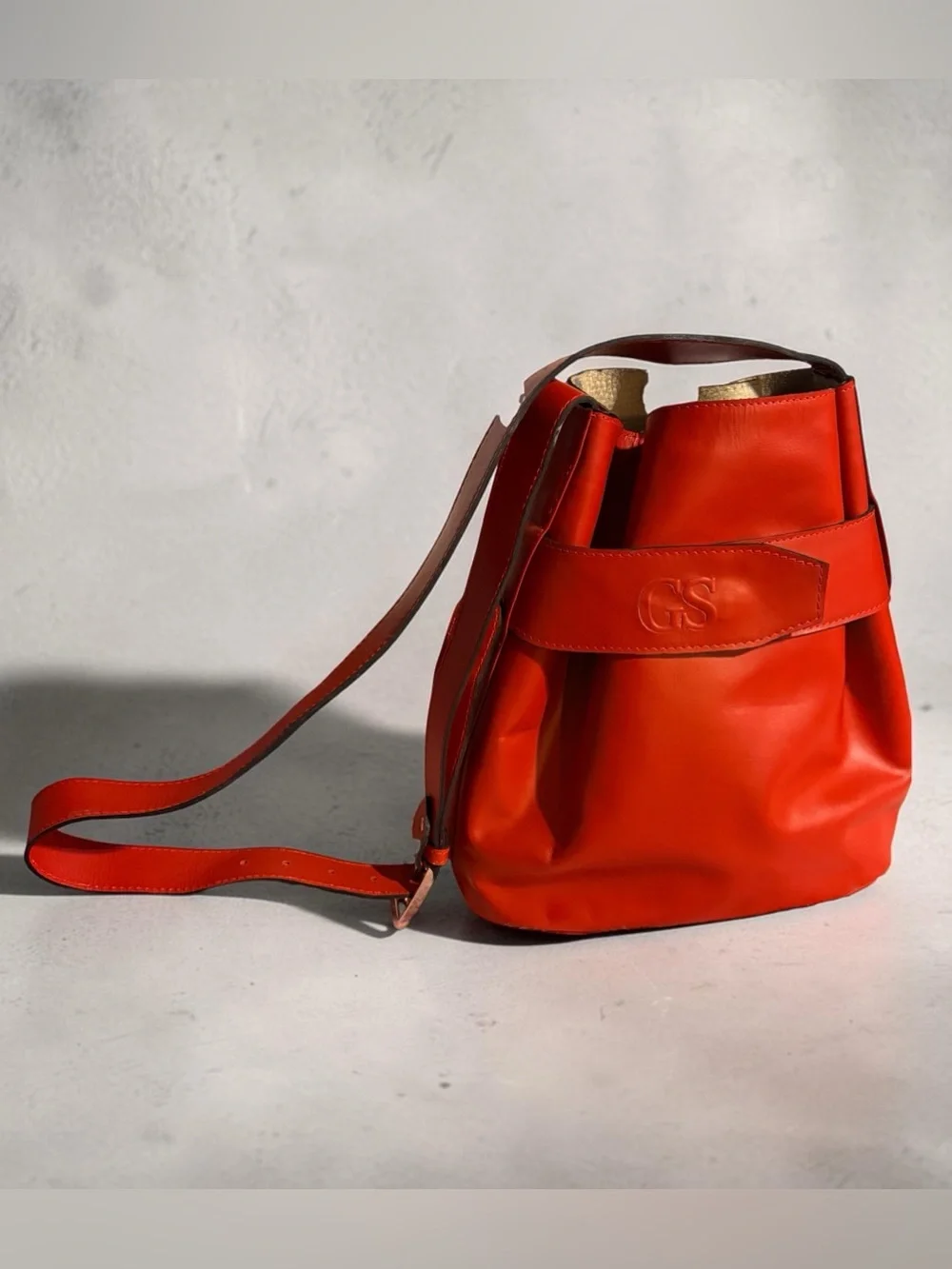 Red Leather Crossbody Bucket Bag